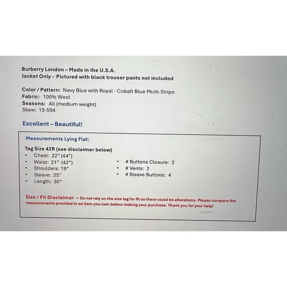 Burberry London 42R Navy Royal Cobalt Blue Multi-Stripe Designer Blazer Jacket - Picture 2 of 15